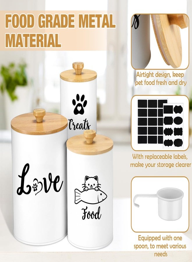 Reallnaive Metal Airtight Cat Treat Container Set of 3 with Bamboo Lids and Spoon Cat Food Storage Container with DIY Labels Pen Pet Cookie Snack Food Storage Organizer Jars for Kitchen Counter(White) - Image 3